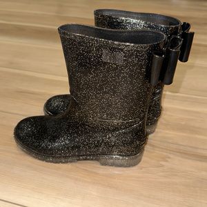 EUC Little Girls Size 1 Girls Black & Silver Glitter Tall Rain Sparkle Boots